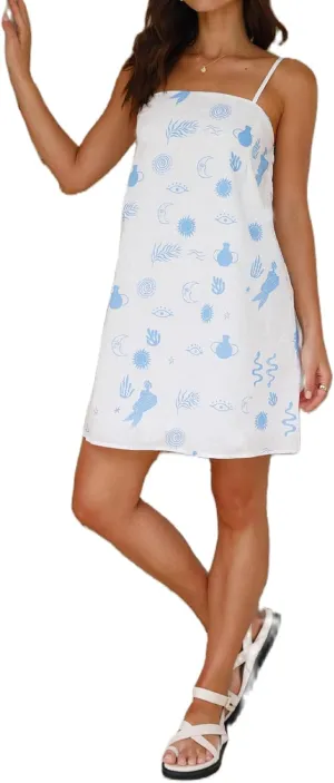 Juakoso Women Boho Graffiti Cami Mini Dress Spaghetti Strap Backless Sleeveless Beach Dress Vacation A Line Sun Dress