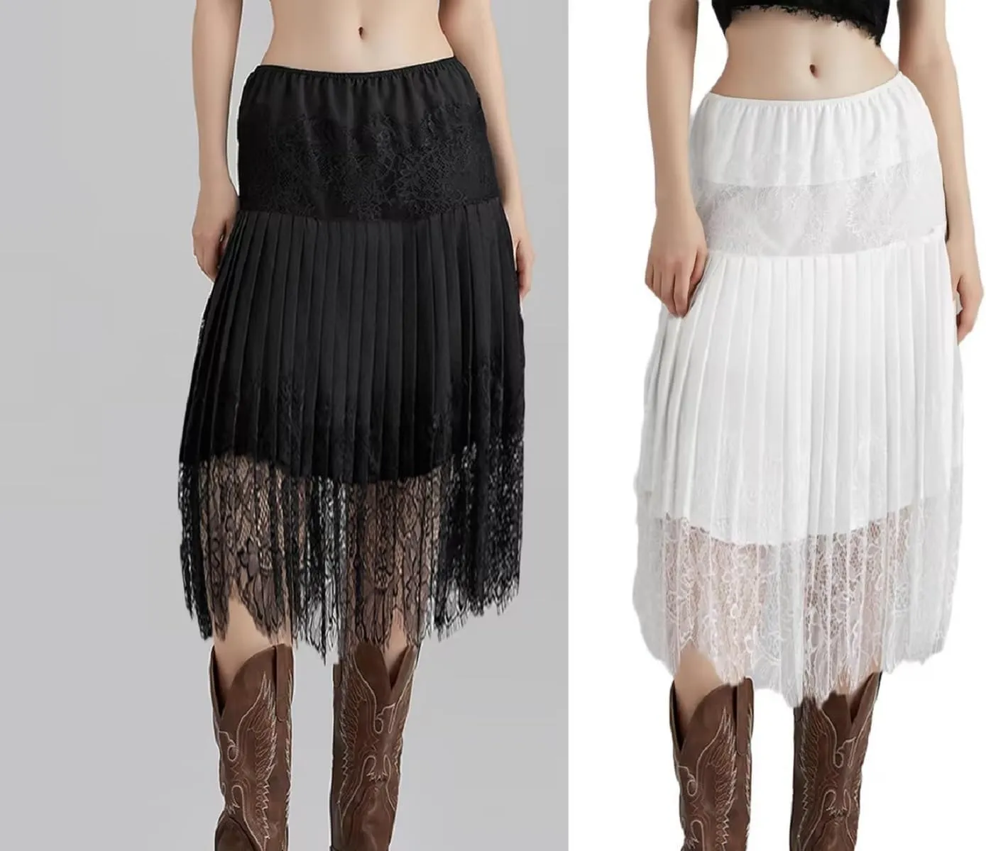 Juakoso Women Lace Long Skirt Y2k Ruffle Layered Half Slip Mid Maxi Skirt Low Waist Mesh Pleated Extender Midi Underskirt