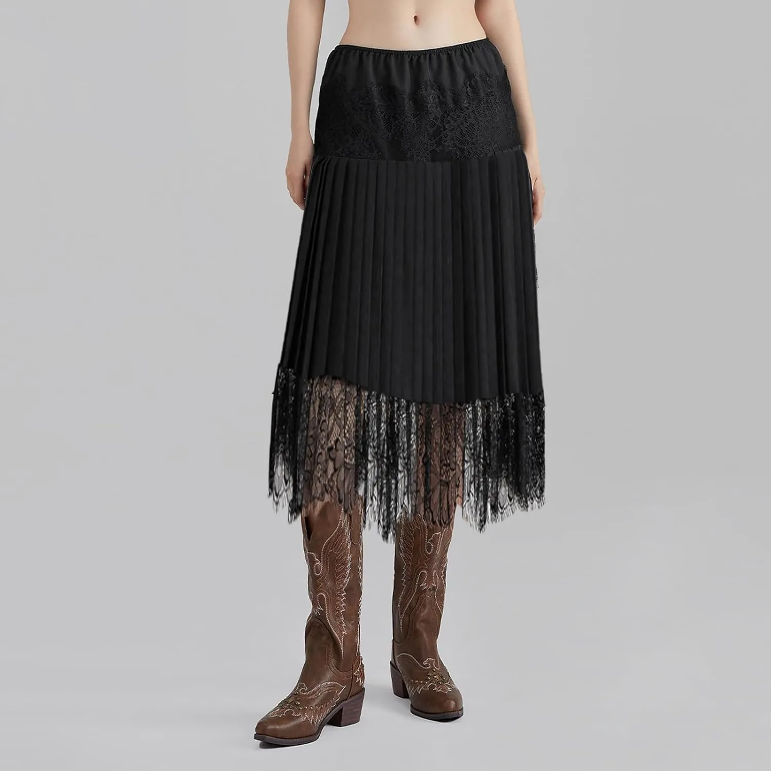 Juakoso Women Lace Long Skirt Y2k Ruffle Layered Half Slip Mid Maxi Skirt Low Waist Mesh Pleated Extender Midi Underskirt