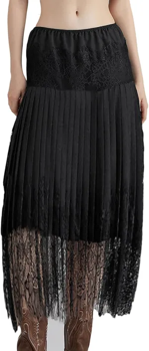 Juakoso Women Lace Long Skirt Y2k Ruffle Layered Half Slip Mid Maxi Skirt Low Waist Mesh Pleated Extender Midi Underskirt