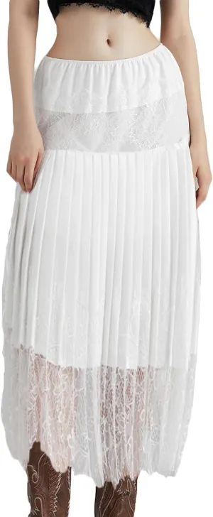 Juakoso Women Lace Long Skirt Y2k Ruffle Layered Half Slip Mid Maxi Skirt Low Waist Mesh Pleated Extender Midi Underskirt