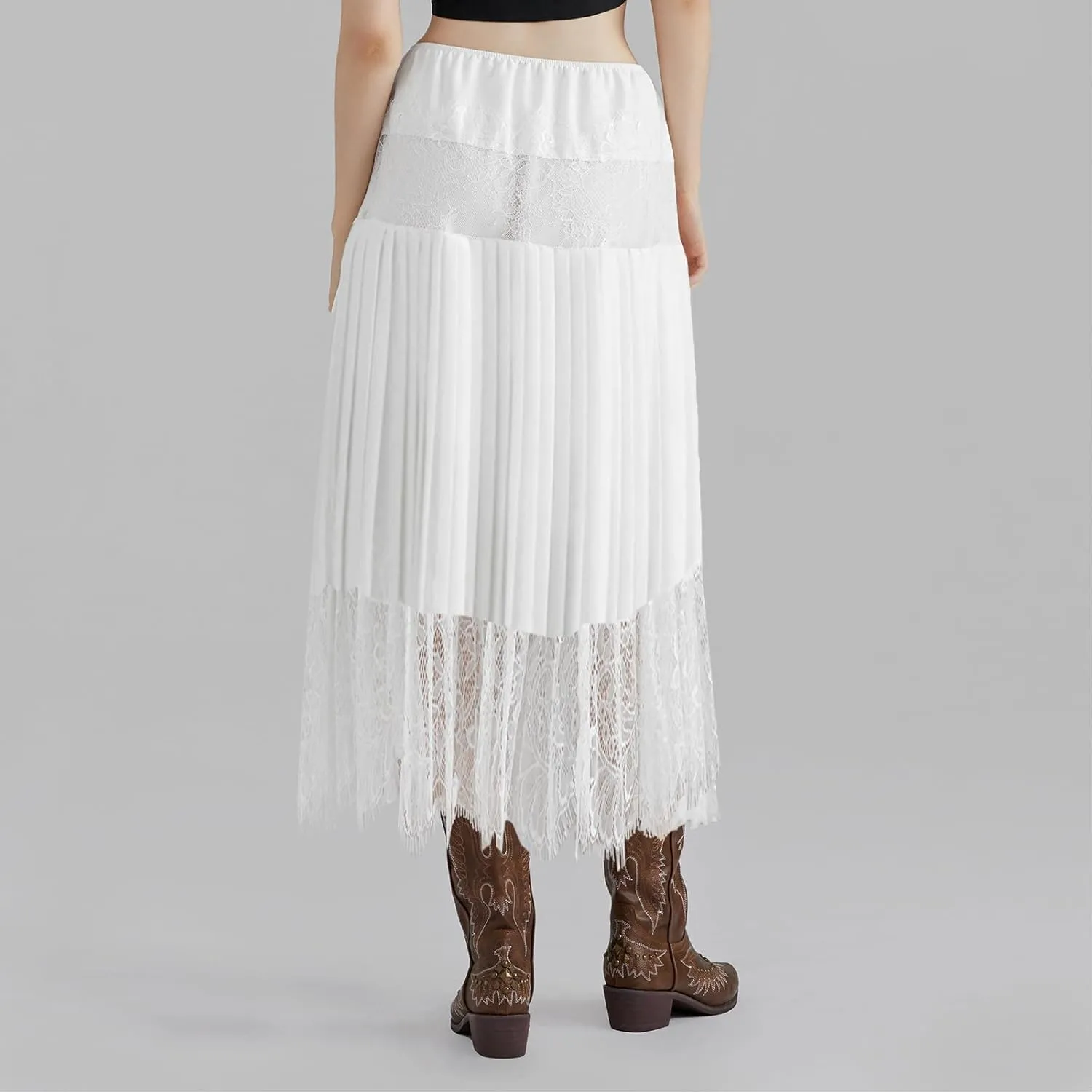 Juakoso Women Lace Long Skirt Y2k Ruffle Layered Half Slip Mid Maxi Skirt Low Waist Mesh Pleated Extender Midi Underskirt