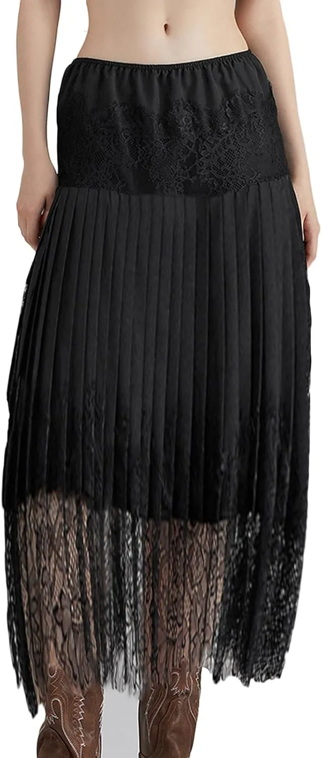 Juakoso Women Lace Long Skirt Y2k Ruffle Layered Half Slip Mid Maxi Skirt Low Waist Mesh Pleated Extender Midi Underskirt