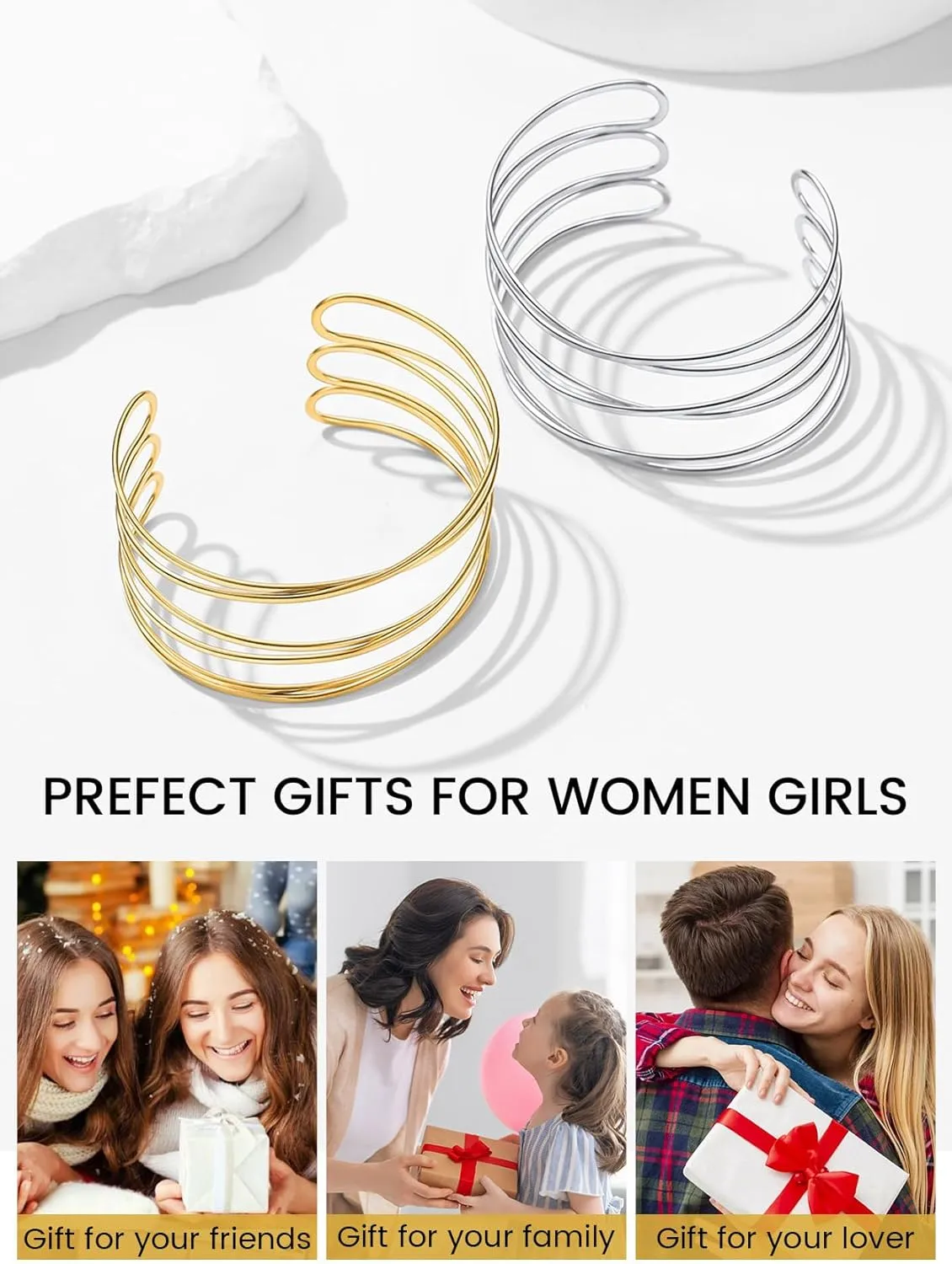 KeyStyle Cuff Bracelet for Women, Multi-layer Cross Wire Bangle 14K Gold Plated Stackable Wide Bracelet for Party Prom Minimalist Jewelry with Gift Box(Stainless Steel)