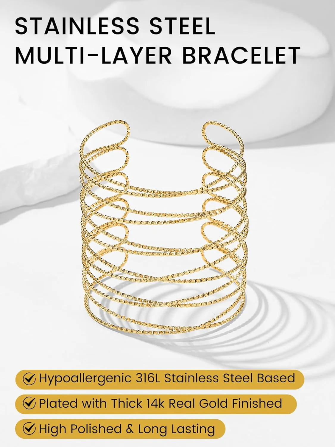 KeyStyle Cuff Bracelet for Women, Multi-layer Cross Wire Bangle 14K Gold Plated Stackable Wide Bracelet for Party Prom Minimalist Jewelry with Gift Box(Stainless Steel)