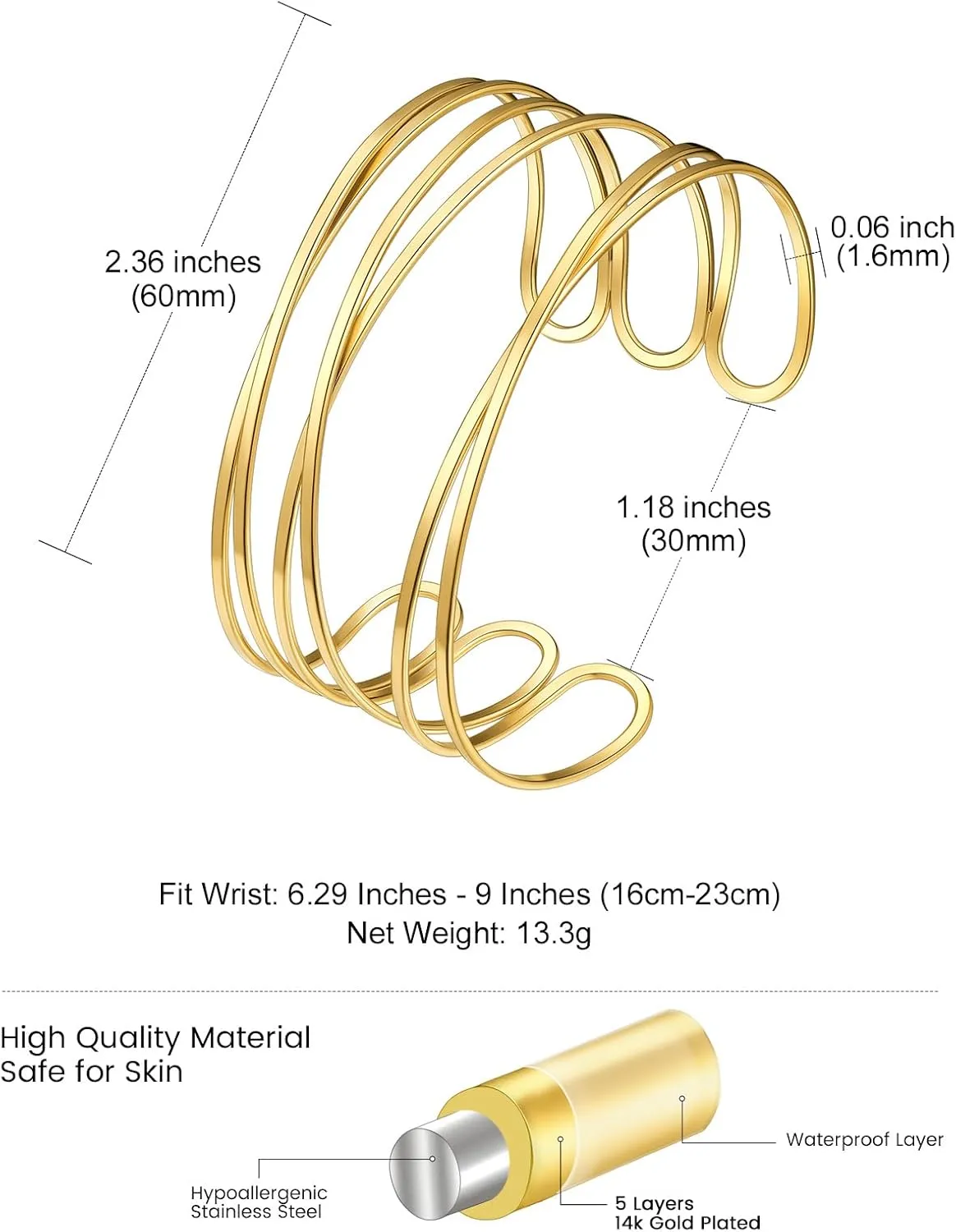 KeyStyle Cuff Bracelet for Women, Multi-layer Cross Wire Bangle 14K Gold Plated Stackable Wide Bracelet for Party Prom Minimalist Jewelry with Gift Box(Stainless Steel)