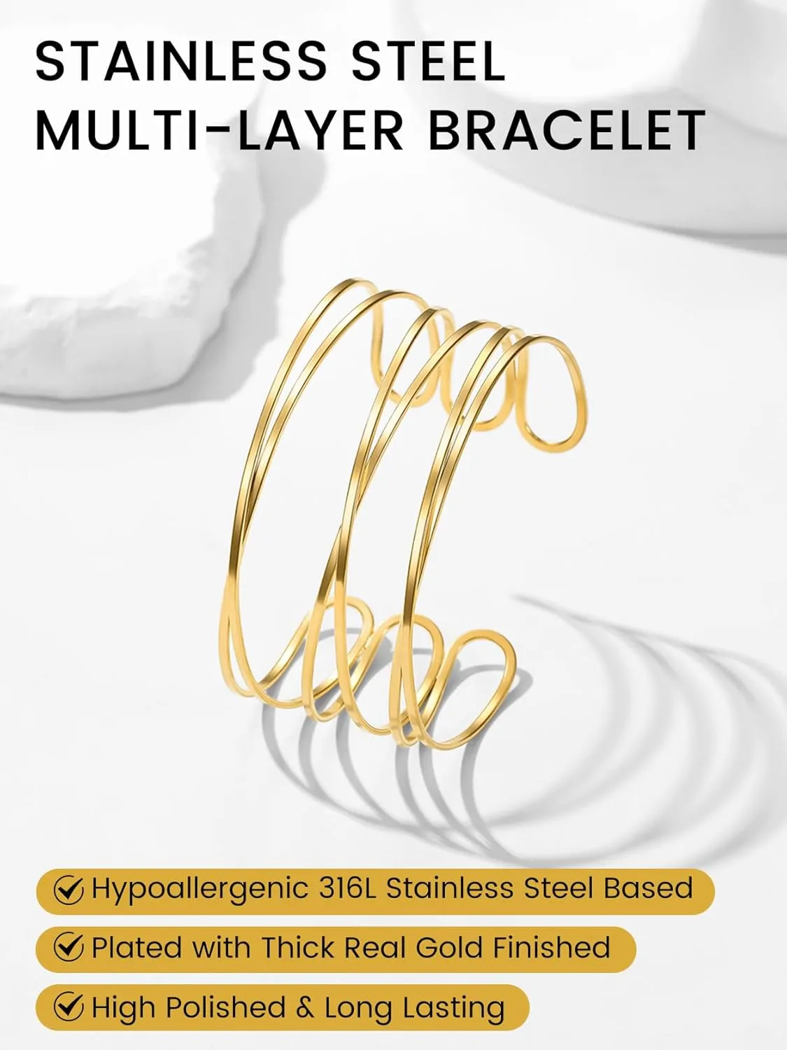 KeyStyle Cuff Bracelet for Women, Multi-layer Cross Wire Bangle 14K Gold Plated Stackable Wide Bracelet for Party Prom Minimalist Jewelry with Gift Box(Stainless Steel)