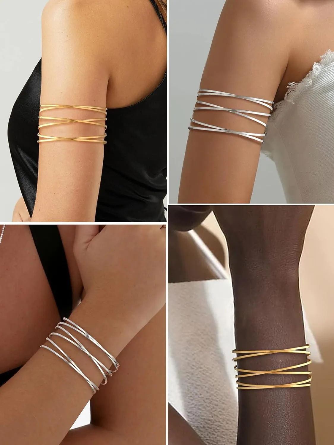KeyStyle Cuff Bracelet for Women, Multi-layer Cross Wire Bangle 14K Gold Plated Stackable Wide Bracelet for Party Prom Minimalist Jewelry with Gift Box(Stainless Steel)