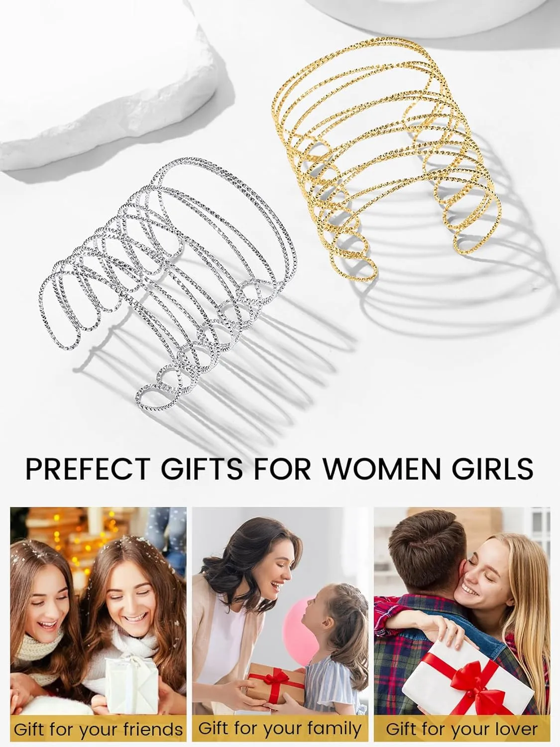 KeyStyle Cuff Bracelet for Women, Multi-layer Cross Wire Bangle 14K Gold Plated Stackable Wide Bracelet for Party Prom Minimalist Jewelry with Gift Box(Stainless Steel)
