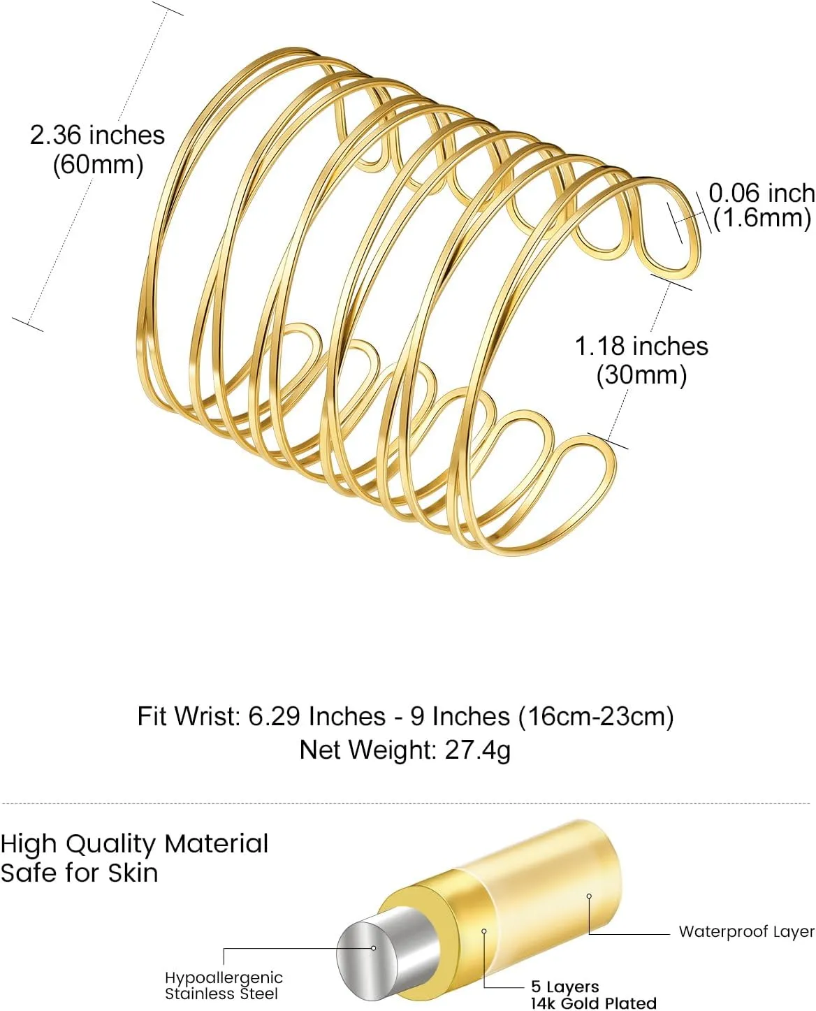 KeyStyle Cuff Bracelet for Women, Multi-layer Cross Wire Bangle 14K Gold Plated Stackable Wide Bracelet for Party Prom Minimalist Jewelry with Gift Box(Stainless Steel)