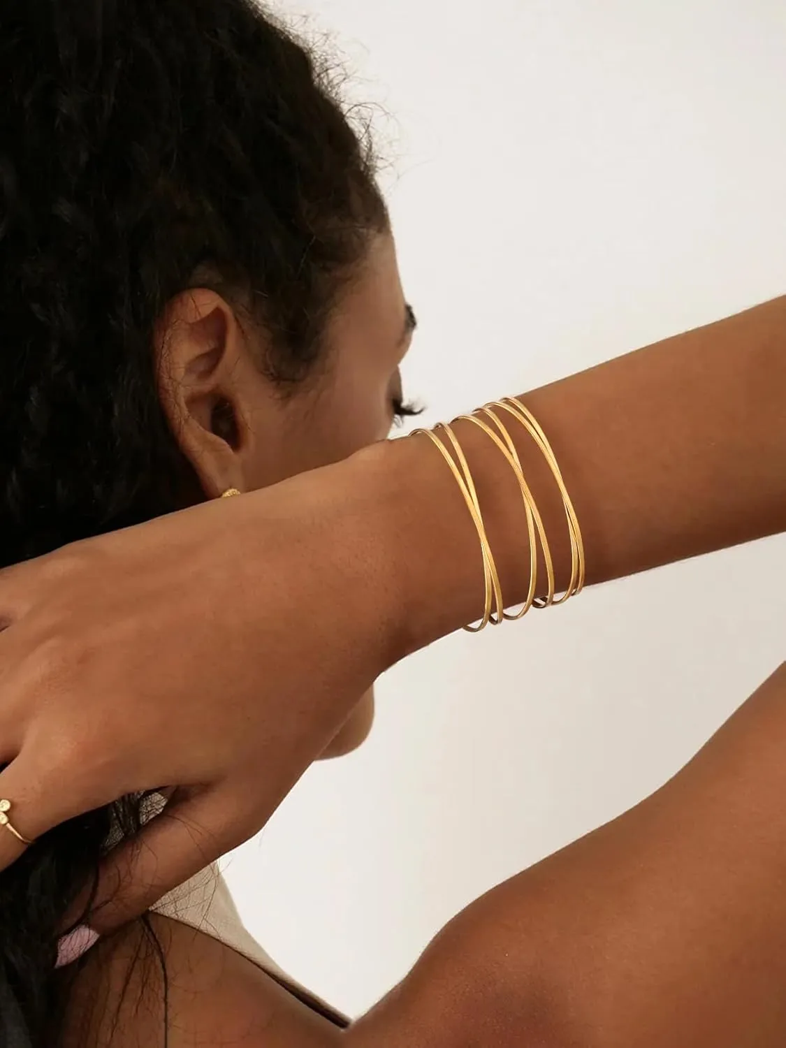 KeyStyle Cuff Bracelet for Women, Multi-layer Cross Wire Bangle 14K Gold Plated Stackable Wide Bracelet for Party Prom Minimalist Jewelry with Gift Box(Stainless Steel)