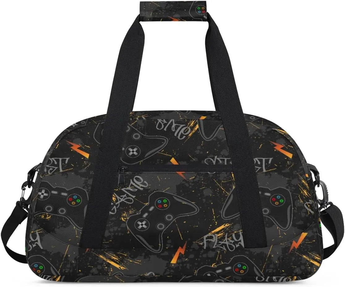 Kids Overnighter Duffel Bags for Boys Girls, Black Video Game Carry-On Size Sports Gym Bag for School Practice or Overnight Travel Weekender Sleepover Workout Tote Bag