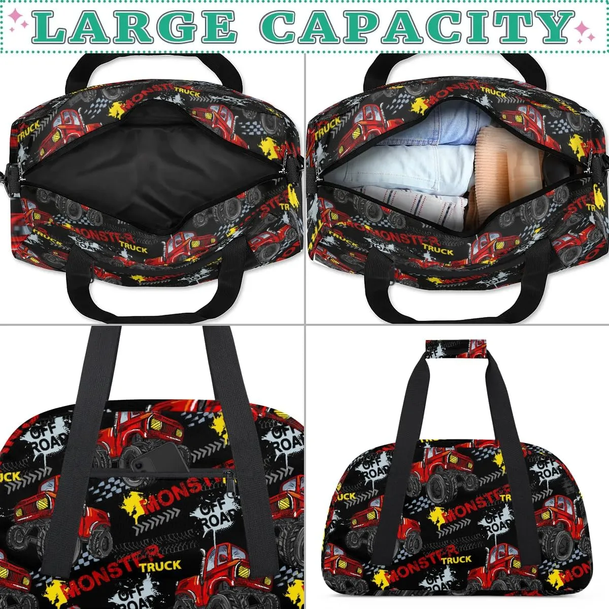 Kids Overnighter Duffel Bags for Boys Girls, Monster Red Truck Carry-On Size Sports Gym Bag with Front Zipper Pocket for School Practice or Overnight Travel Weekender Sleepover Tote Bag