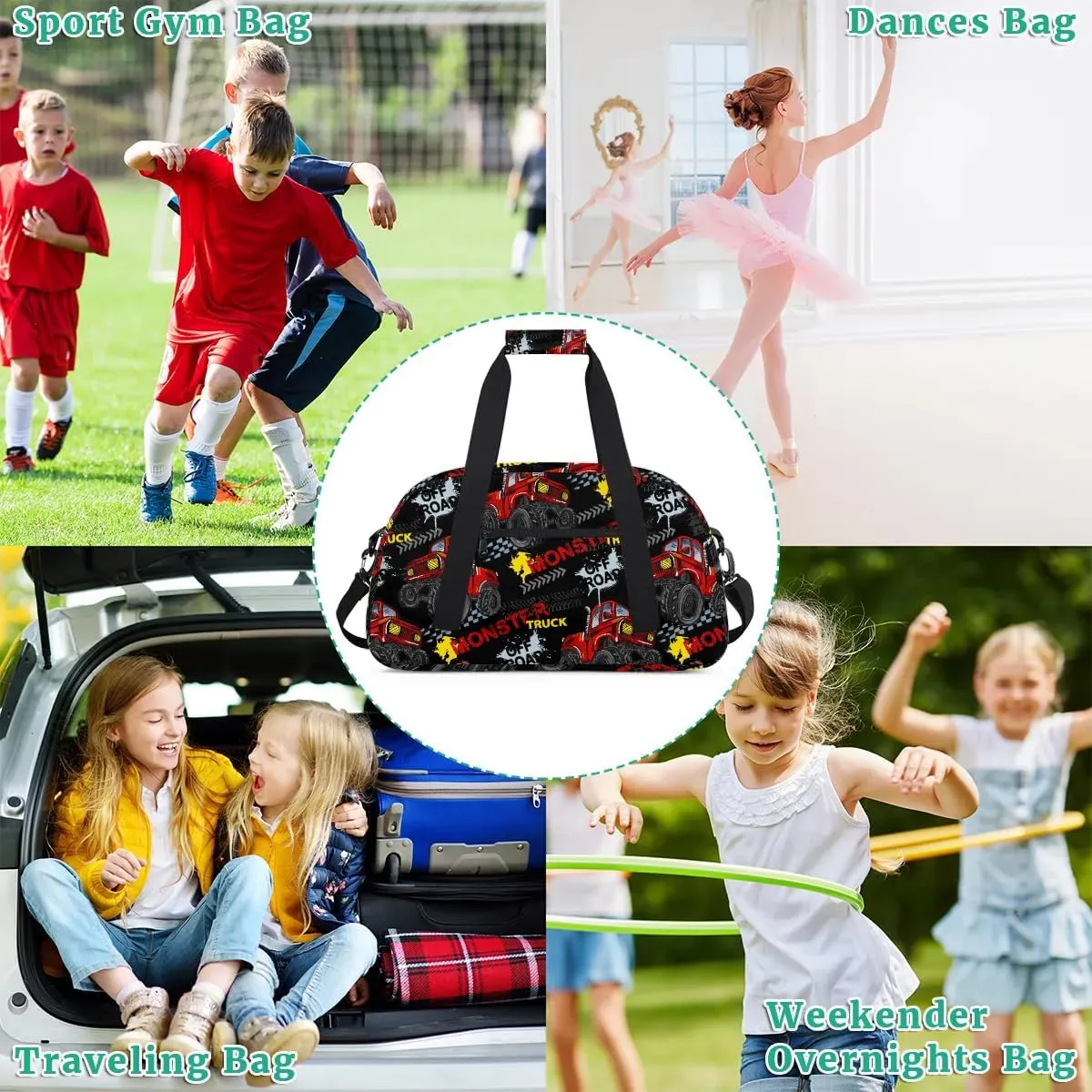 Kids Overnighter Duffel Bags for Boys Girls, Monster Red Truck Carry-On Size Sports Gym Bag with Front Zipper Pocket for School Practice or Overnight Travel Weekender Sleepover Tote Bag