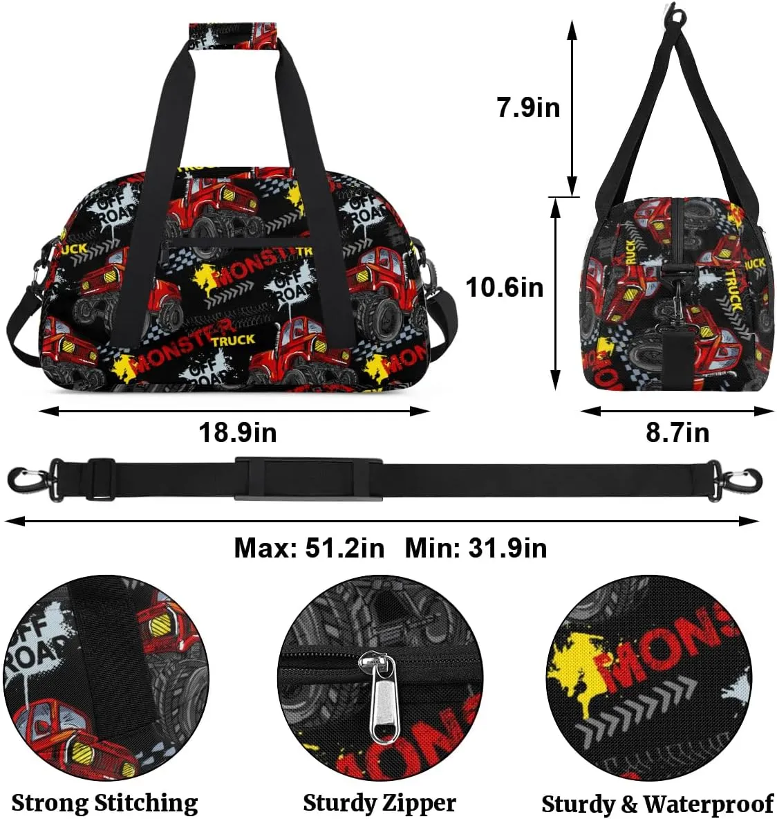 Kids Overnighter Duffel Bags for Boys Girls, Monster Red Truck Carry-On Size Sports Gym Bag with Front Zipper Pocket for School Practice or Overnight Travel Weekender Sleepover Tote Bag