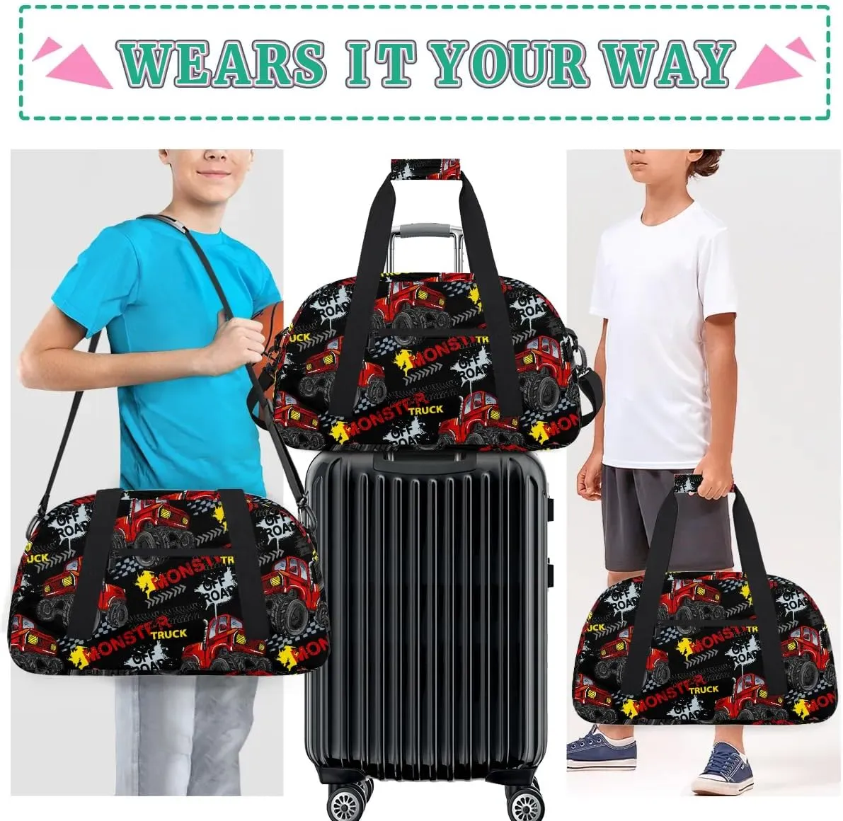 Kids Overnighter Duffel Bags for Boys Girls, Monster Red Truck Carry-On Size Sports Gym Bag with Front Zipper Pocket for School Practice or Overnight Travel Weekender Sleepover Tote Bag