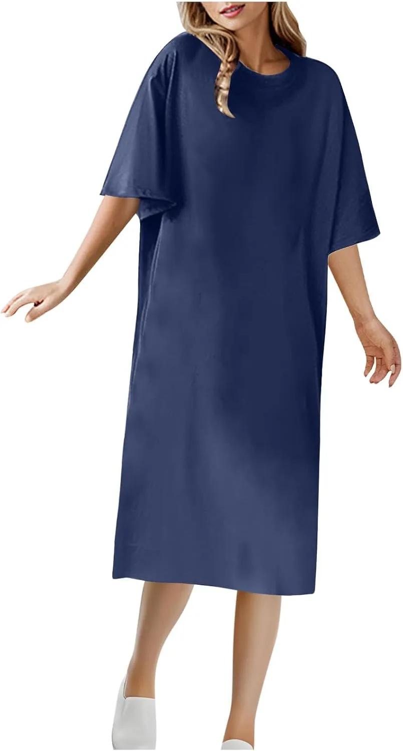 Knee Length T-Shirt Dress for Women Loose Short Sleeve Summer Pullover Dresses Casual Comfy Lounge Tunic Dress