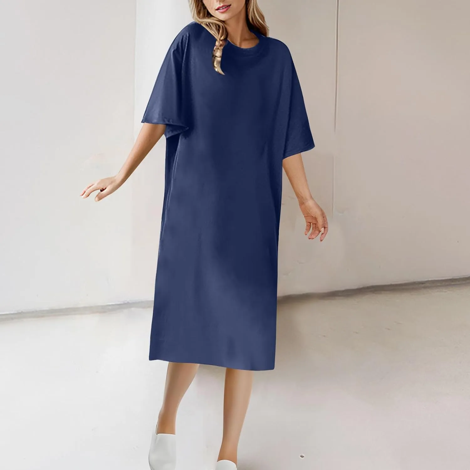 Knee Length T-Shirt Dress for Women Loose Short Sleeve Summer Pullover Dresses Casual Comfy Lounge Tunic Dress