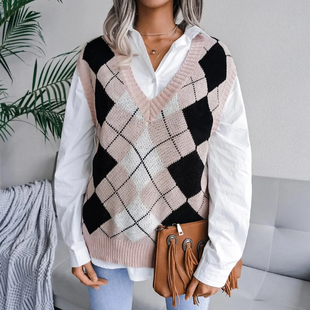 Knitted Sweater Vests for Women Oversized Plaid V Neck Sleeveless Tank Tops Preppy Casual School Baggy Outfits 2025
