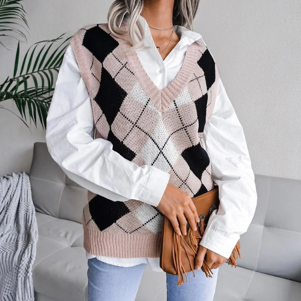 Knitted Sweater Vests for Women Oversized Plaid V Neck Sleeveless Tank Tops Preppy Casual School Baggy Outfits 2025