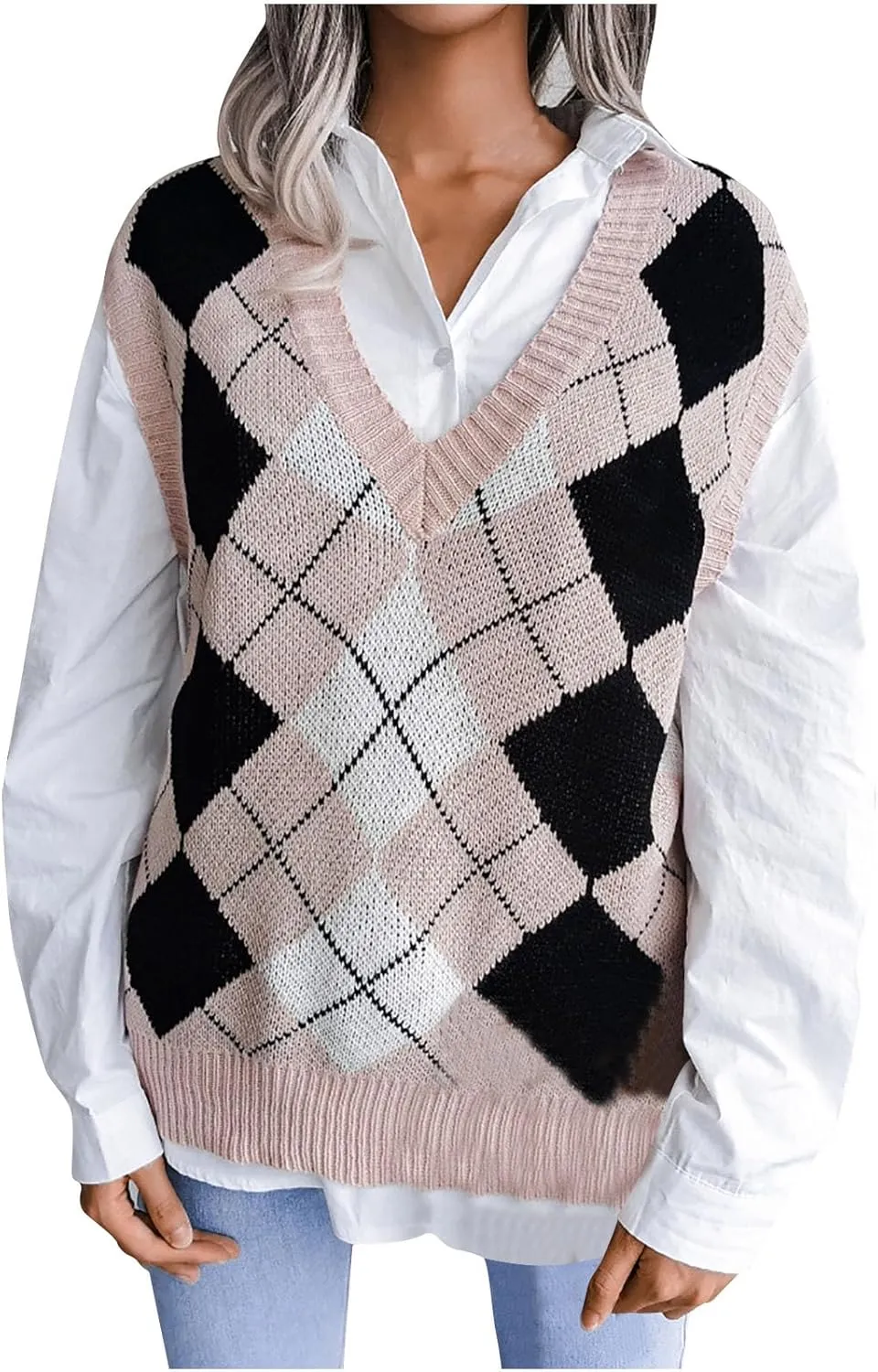 Knitted Sweater Vests for Women Oversized Plaid V Neck Sleeveless Tank Tops Preppy Casual School Baggy Outfits 2025