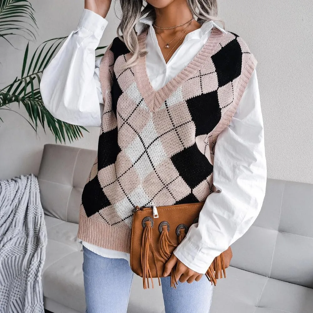Knitted Sweater Vests for Women Oversized Plaid V Neck Sleeveless Tank Tops Preppy Casual School Baggy Outfits 2025