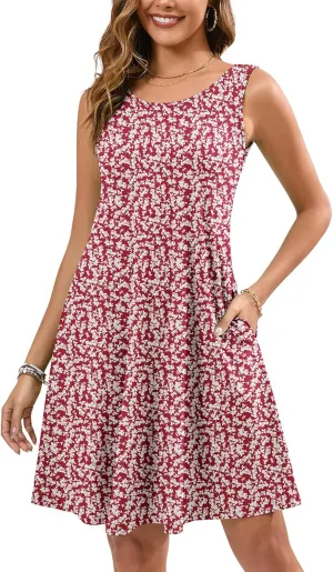 KORSIS Summer Dresses for Women Casual T Shirt Tank Dresses Sleeveless Swing Flowy Ladies Beach Vacation Sundress with Pocket