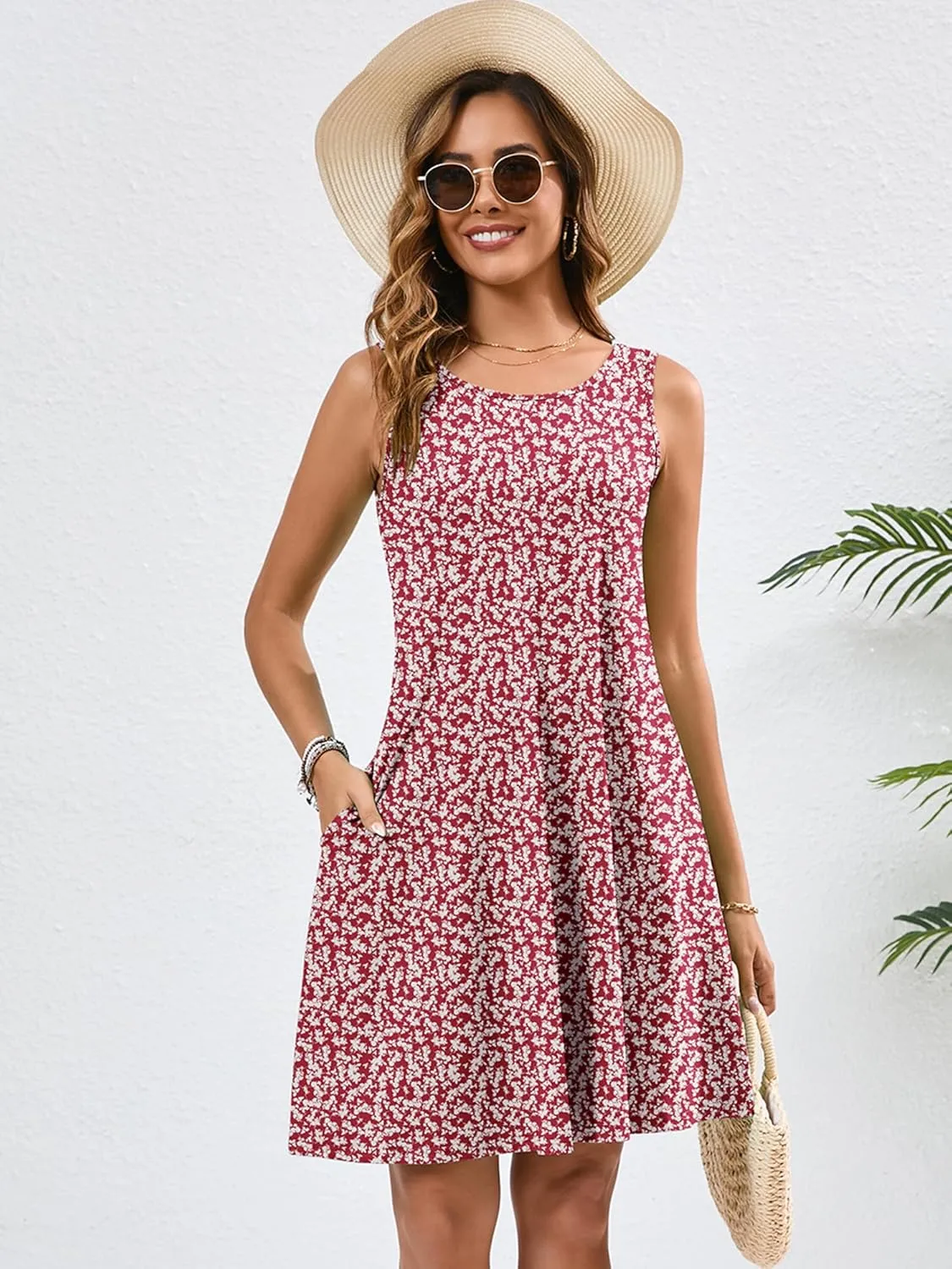 KORSIS Summer Dresses for Women Casual T Shirt Tank Dresses Sleeveless Swing Flowy Ladies Beach Vacation Sundress with Pocket