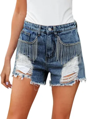 KUIOLYPOER Denim Shorts for Women Women's Summer High Waisted Rhinestone Fringe Ripped Jean Shorts Summer Hot Casual Shorts