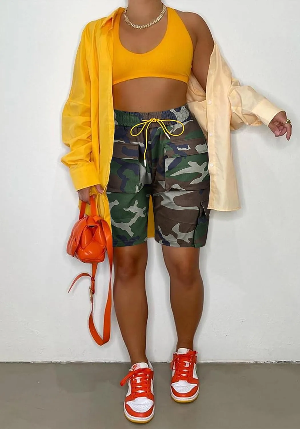 LAJIOJIO Women's Camo Cargo Shorts High Waisted Casual Army Camouflage Print Shorts Summer Bodycon Biker Jogger Mini Shorts