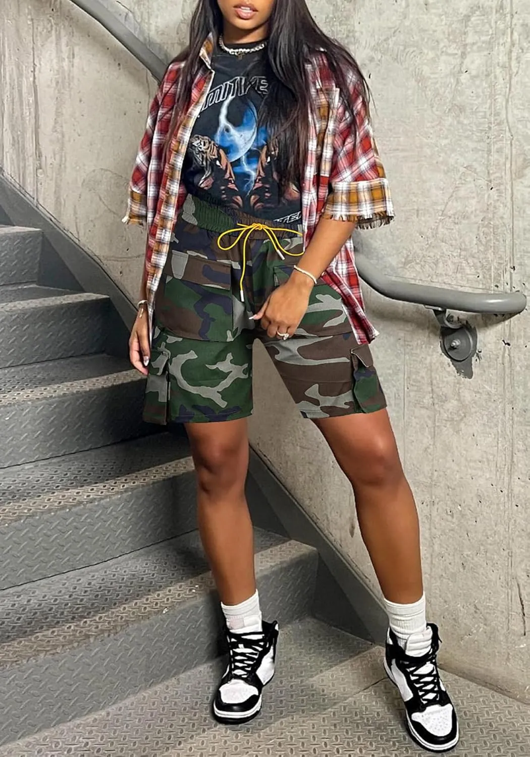 LAJIOJIO Women's Camo Cargo Shorts High Waisted Casual Army Camouflage Print Shorts Summer Bodycon Biker Jogger Mini Shorts