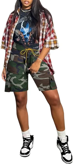 LAJIOJIO Women's Camo Cargo Shorts High Waisted Casual Army Camouflage Print Shorts Summer Bodycon Biker Jogger Mini Shorts