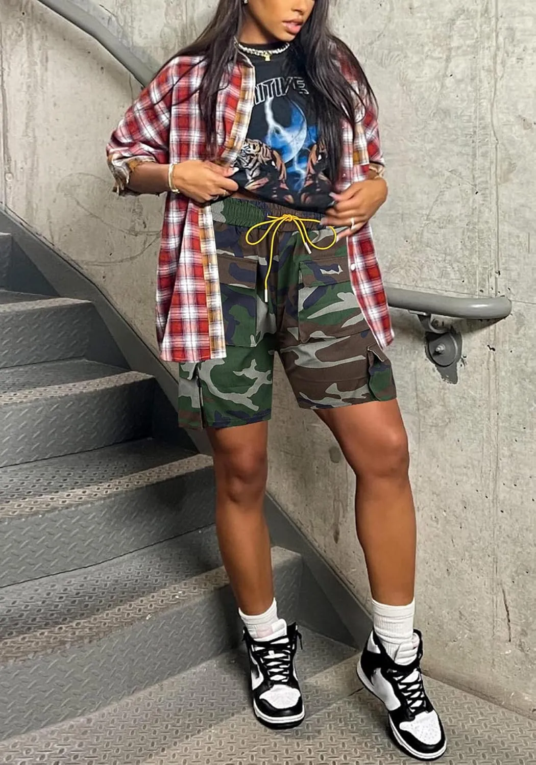 LAJIOJIO Women's Camo Cargo Shorts High Waisted Casual Army Camouflage Print Shorts Summer Bodycon Biker Jogger Mini Shorts