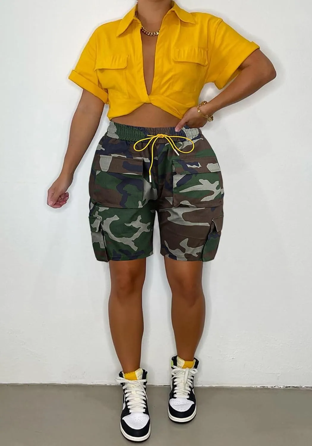 LAJIOJIO Women's Camo Cargo Shorts High Waisted Casual Army Camouflage Print Shorts Summer Bodycon Biker Jogger Mini Shorts