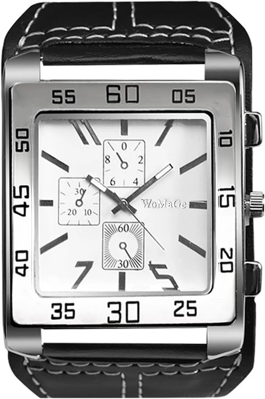 Lancardo Mens Steampunk Retro Genuine Leather Watch Military Quartz Hip-hop Gothic Wide Bracelet Cuff Big Black Dial Sport Wrist Watches Costume Watch for Valentine's Day