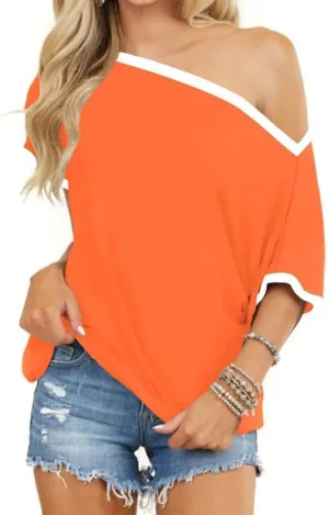 LEEDYA Off The Shoulder Tops for Women Summer Sexy Short Sleeve Color Block T-Shirts Casual Oversized Batwing Tunic Top