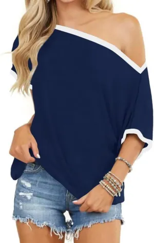 LEEDYA Off The Shoulder Tops for Women Summer Sexy Short Sleeve Color Block T-Shirts Casual Oversized Batwing Tunic Top