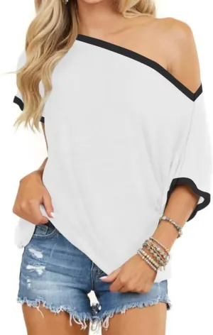 LEEDYA Off The Shoulder Tops for Women Summer Sexy Short Sleeve Color Block T-Shirts Casual Oversized Batwing Tunic Top