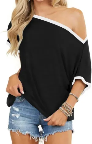 LEEDYA Off The Shoulder Tops for Women Summer Sexy Short Sleeve Color Block T-Shirts Casual Oversized Batwing Tunic Top