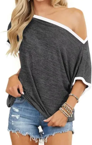 LEEDYA Off The Shoulder Tops for Women Summer Sexy Short Sleeve Color Block T-Shirts Casual Oversized Batwing Tunic Top