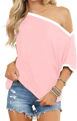 LEEDYA Off The Shoulder Tops for Women Summer Sexy Short Sleeve Color Block T-Shirts Casual Oversized Batwing Tunic Top