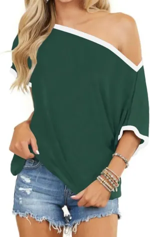LEEDYA Off The Shoulder Tops for Women Summer Sexy Short Sleeve Color Block T-Shirts Casual Oversized Batwing Tunic Top