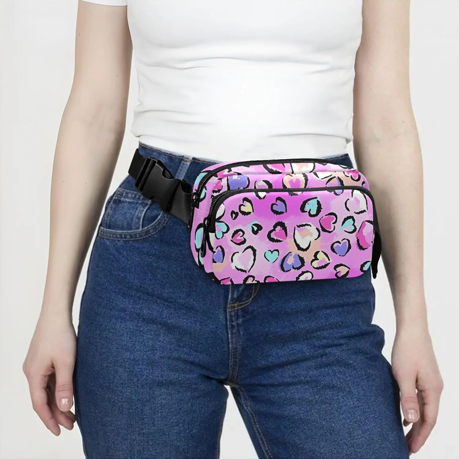Leopard Print Hearts Pink Waterproof Women Fanny Pack Anti Theft Belt Bag Neon Travel Waist Bag