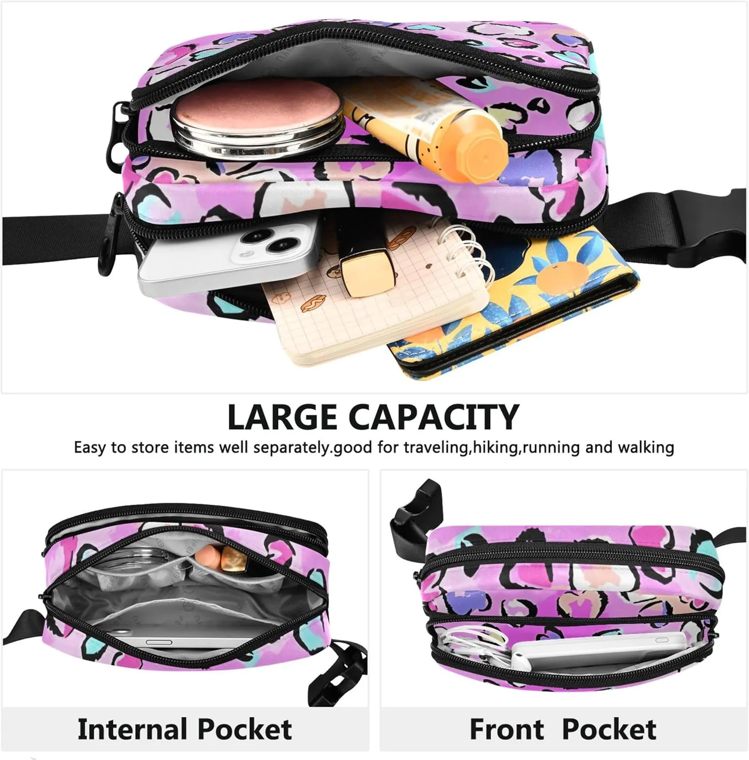 Leopard Print Hearts Pink Waterproof Women Fanny Pack Anti Theft Belt Bag Neon Travel Waist Bag