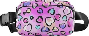 Leopard Print Hearts Pink Waterproof Women Fanny Pack Anti Theft Belt Bag Neon Travel Waist Bag