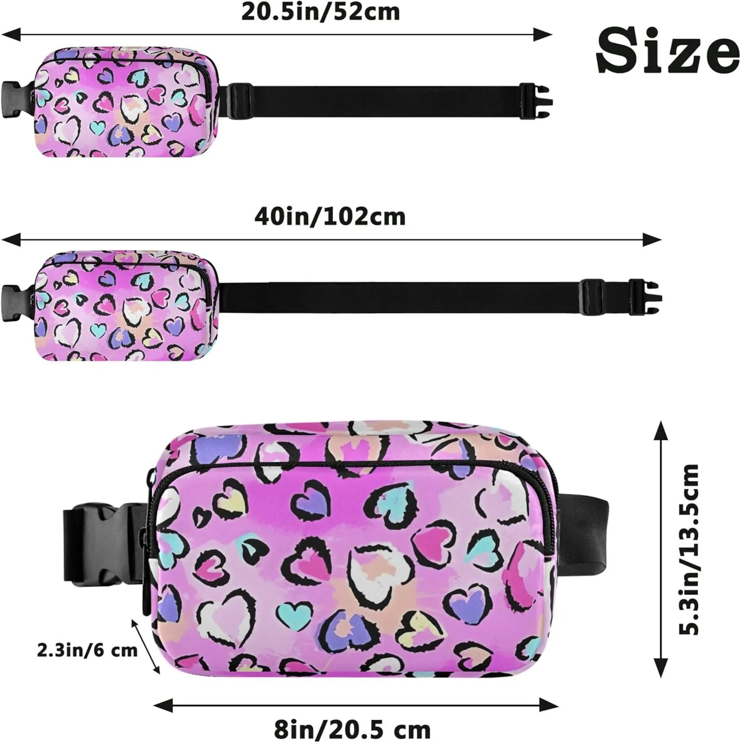 Leopard Print Hearts Pink Waterproof Women Fanny Pack Anti Theft Belt Bag Neon Travel Waist Bag