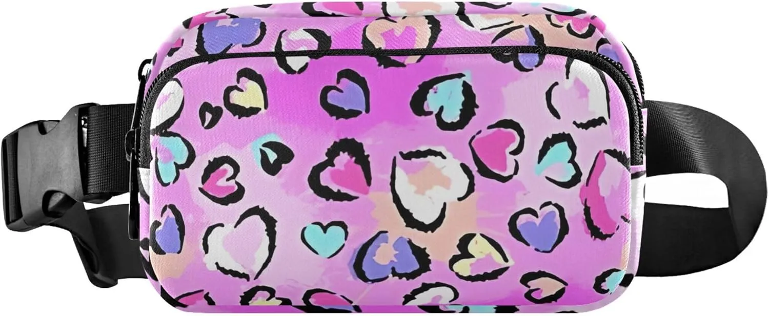 Leopard Print Hearts Pink Waterproof Women Fanny Pack Anti Theft Belt Bag Neon Travel Waist Bag