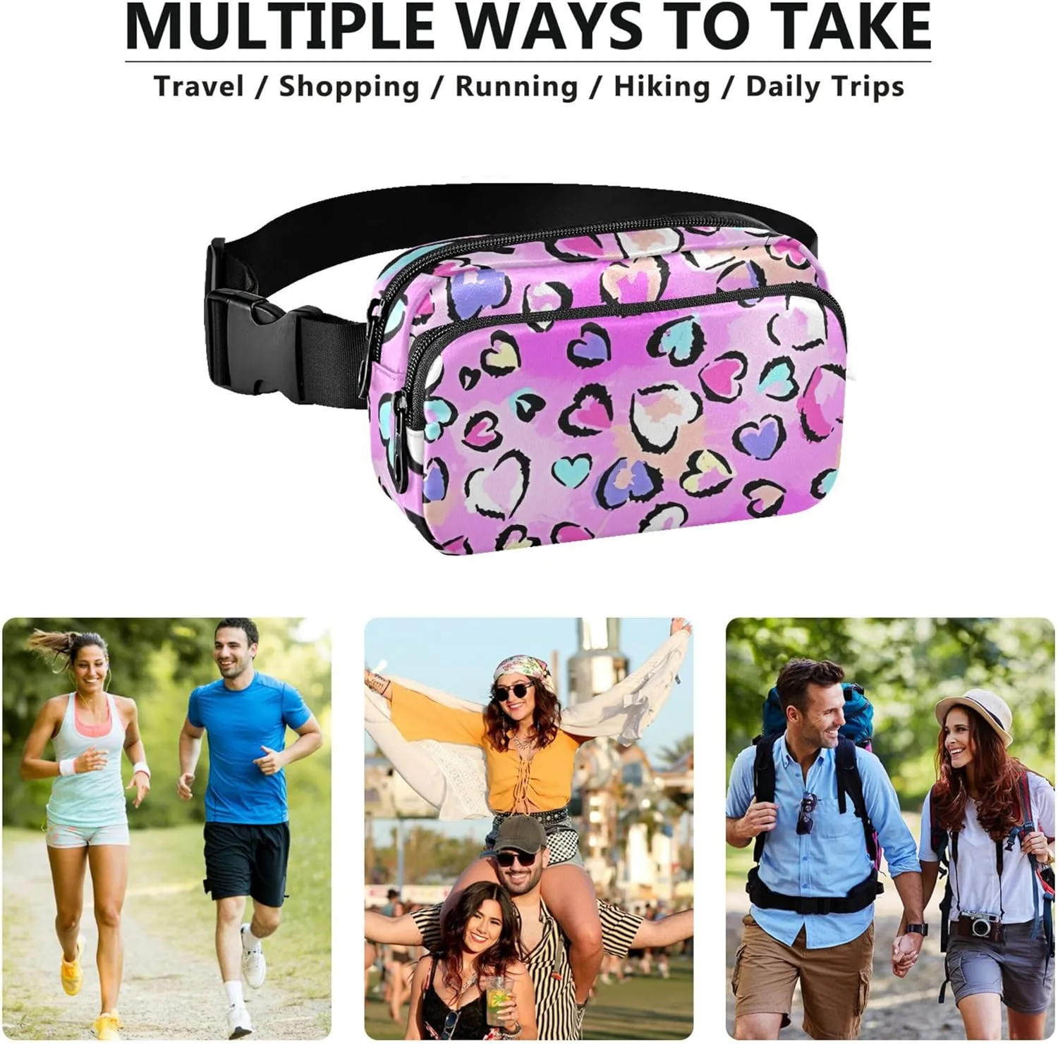 Leopard Print Hearts Pink Waterproof Women Fanny Pack Anti Theft Belt Bag Neon Travel Waist Bag