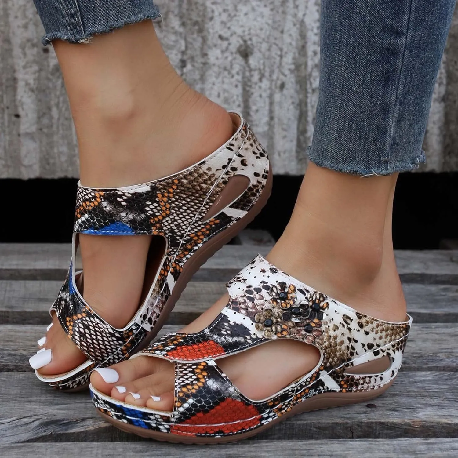 Leopard Print Sandals for Women Flat, Orthopedic Slides Sandals, Slip On Slippers with Arch Support, Comfort Wear Shoes Open Toe, Casual Walking Shoes Summer Beach, Comfortable Lightweight Platforms