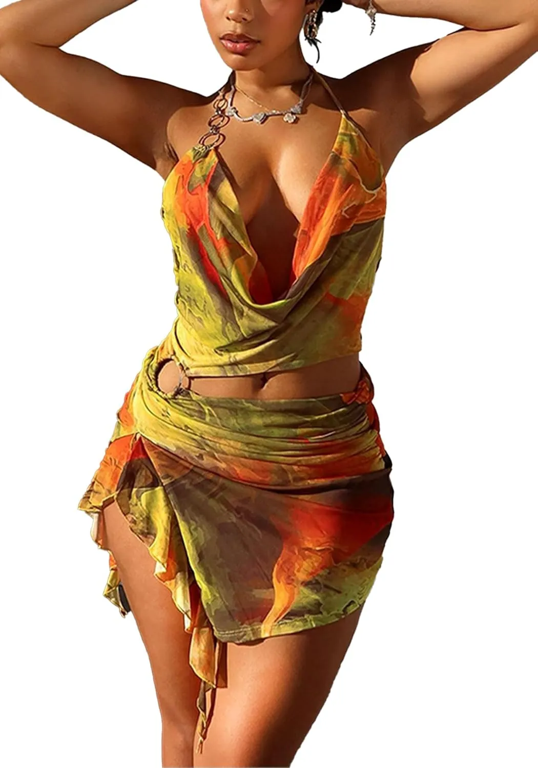 LETSVDO Womens Sexy Bodycon Mesh Halter Mini Sleeveless Cowl Neck Ruffle Floral Cut Out Slit Backless Ruched Club Dress